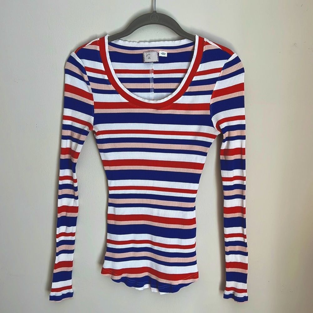 Orange, cream, blue, and white striped long sleeved shirt size small